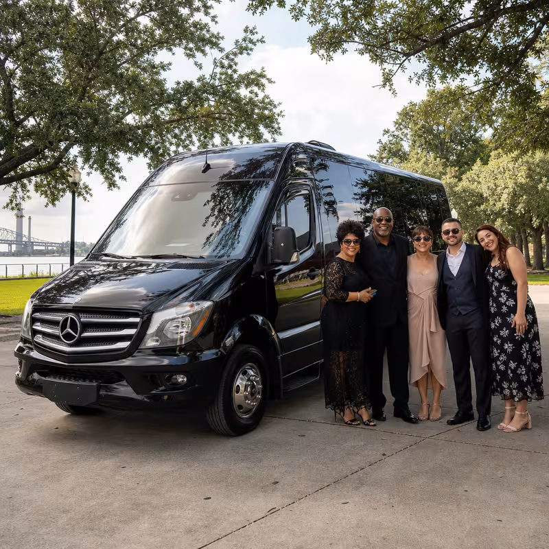 Group beside a Mercedes Sprinter limo from the New Orleans fleet
