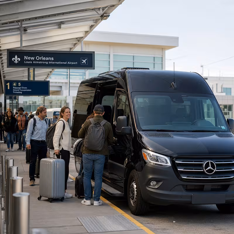 Group boarding a white charter bus for Airport Transportation transportation in New Orleans