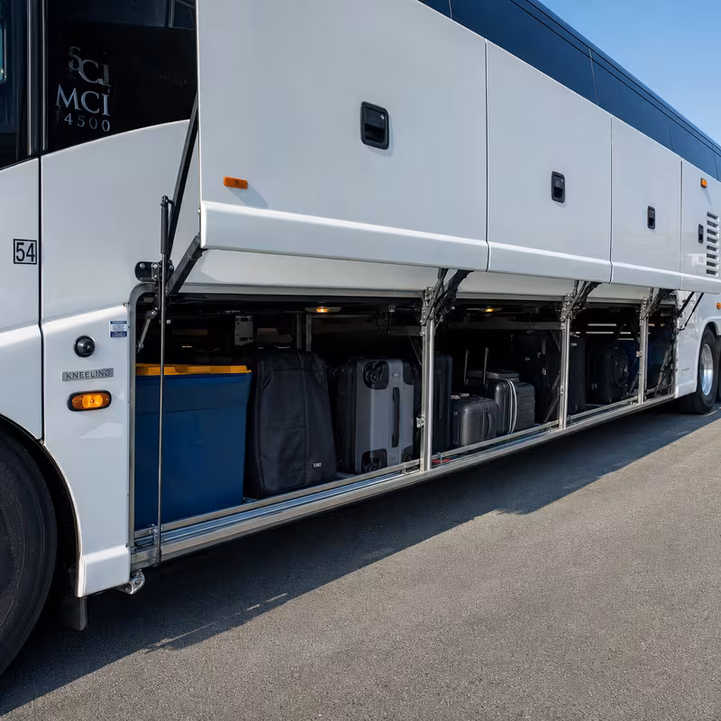 Party bus interior with wraparound leather seating and LED lighting in New Orleans
