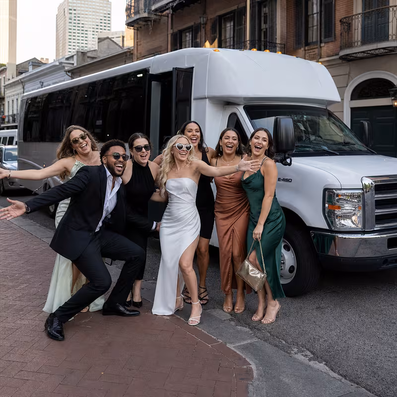Black Mercedes Sprinter van staged for an New Orleans Bachelor & Bachelorette Transportation group