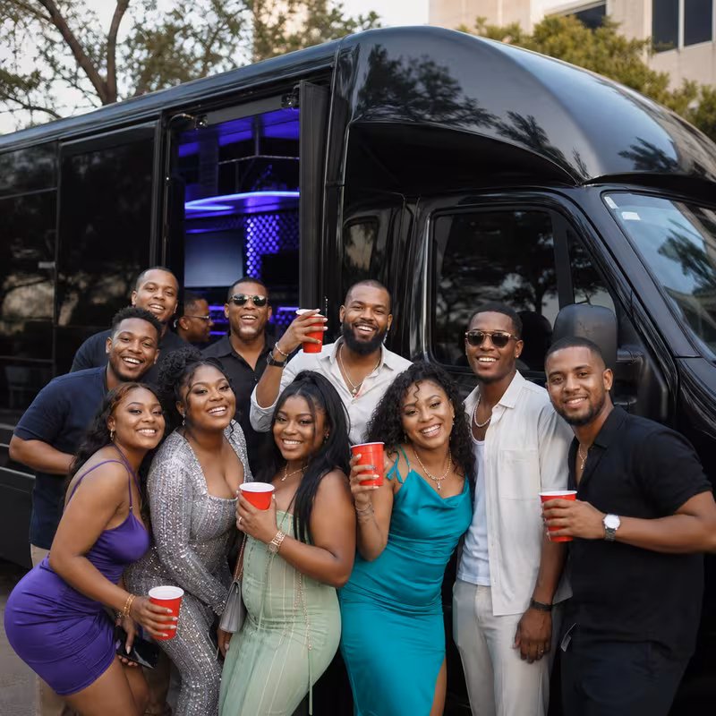 Party bus interior with wraparound leather seating and LED lighting in New Orleans