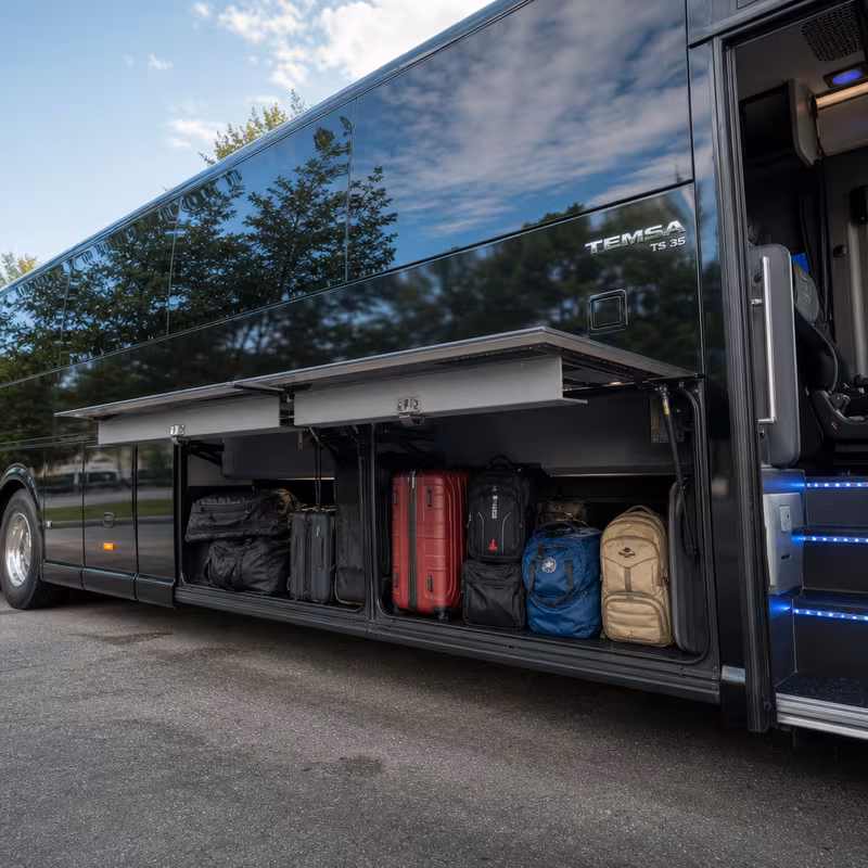 Party bus interior with wraparound leather seating and LED lighting in New Orleans