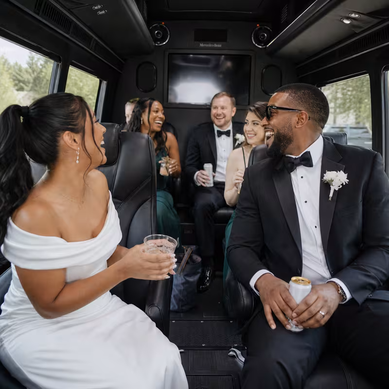 Black Mercedes Sprinter van staged for an New Orleans Wedding Transportation group