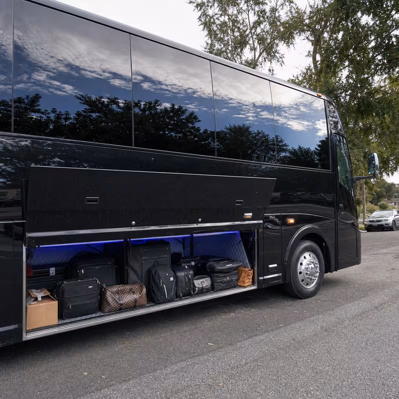 Party bus interior with wraparound leather seating and LED lighting in New Orleans